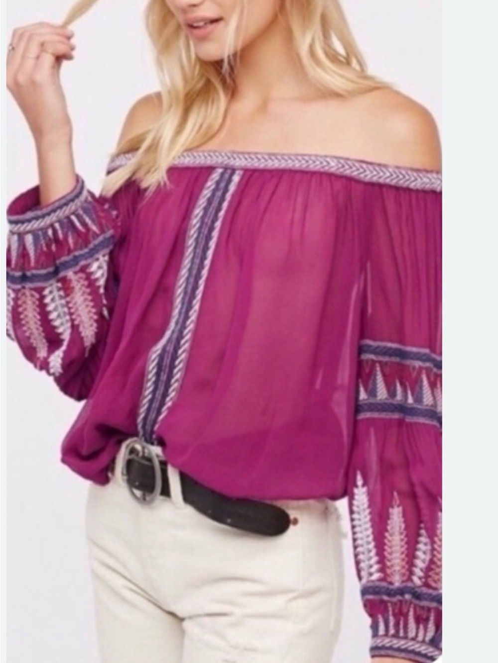 Free People XS Dream On Women's Off-Shoulder Embroidered boho Peasant Top
